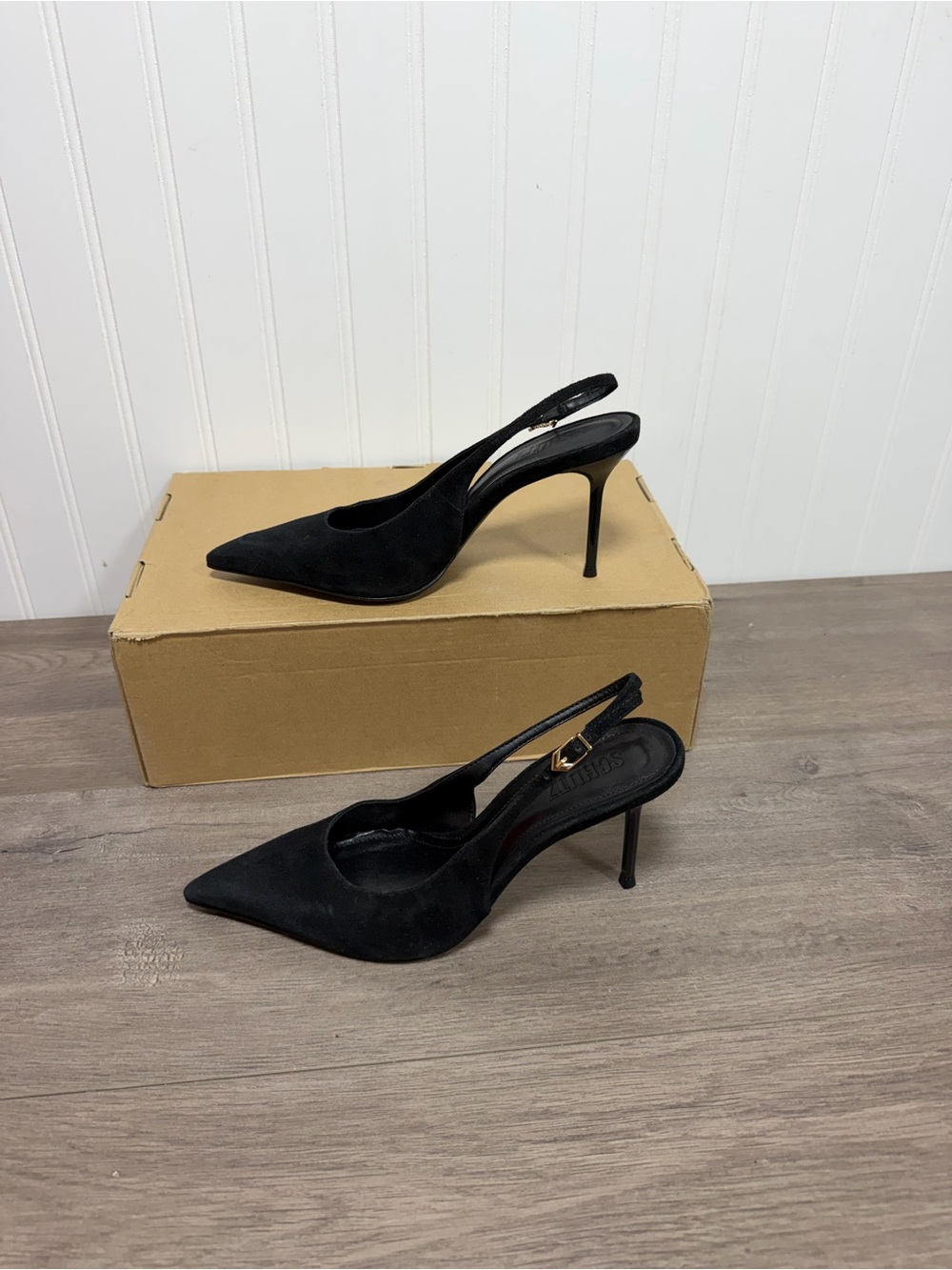 Brand new Schutz black suede Alicia slingback pumps size 6.5